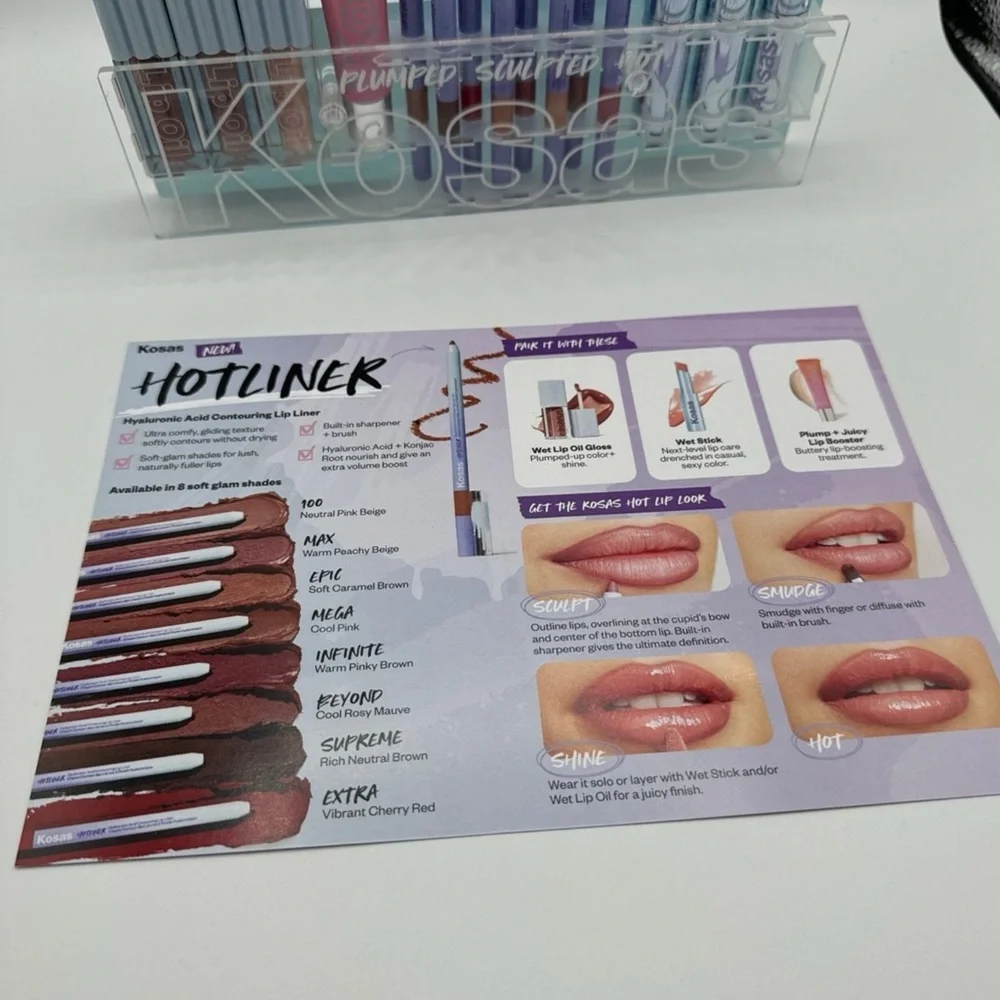 Kosas lipliner +lip oil + lipstick PR KIT $250 Value!! Comes with Free stand